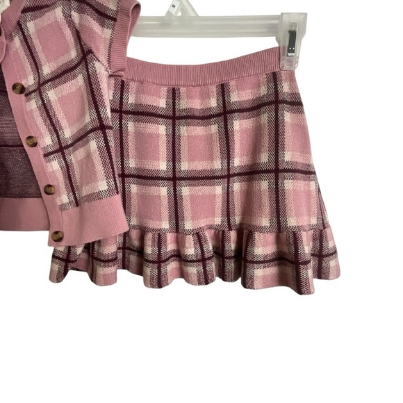 Happily Grey Kids Pink Burgundy and Cream Plaid Cardigan and Skirt Set - Picture 6 of 9